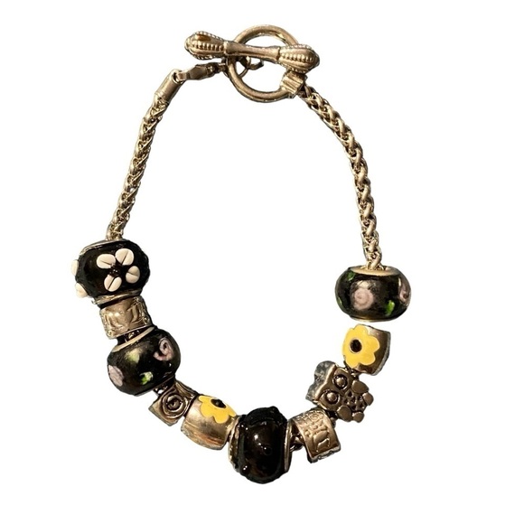 Painted Glass and Silver Floral and Owl Beaded Bracelet - Picture 1 of 5
